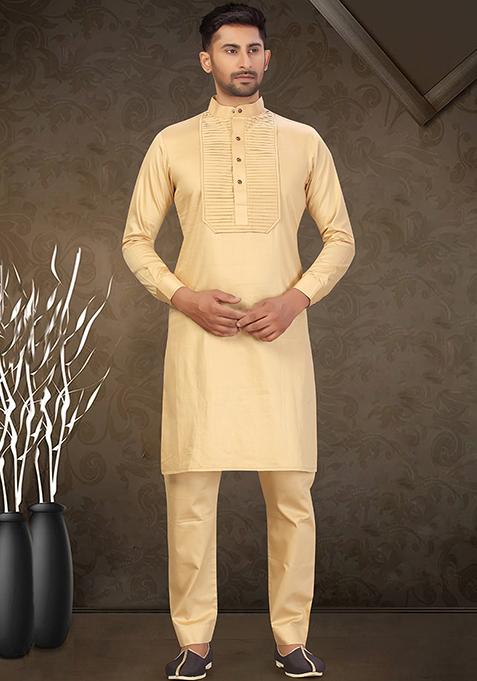 Fawn Yellow Embroidered Cotton Kurta Set For Men