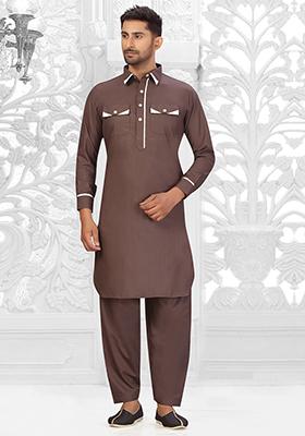 Brown Embroidered Cotton Kurta Set For Men