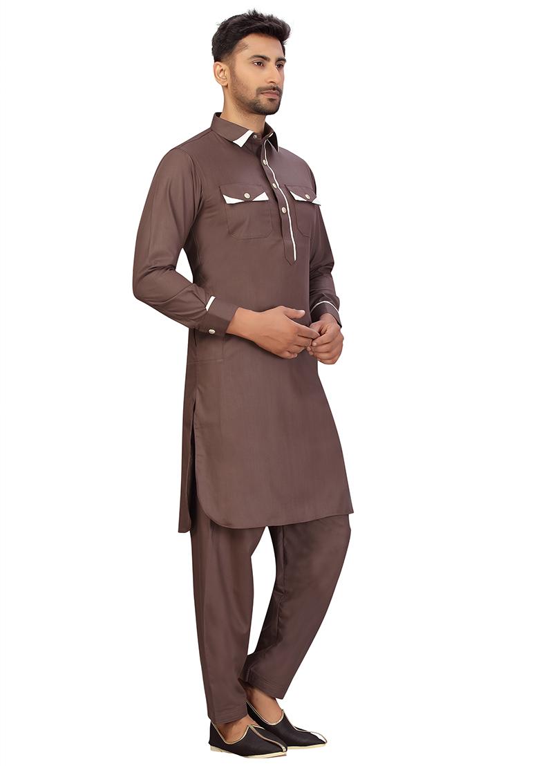 Brown Embroidered Cotton Kurta Set For Men