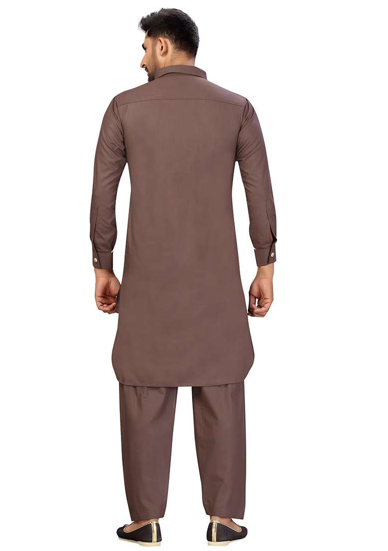 Brown Embroidered Cotton Kurta Set For Men - Indya