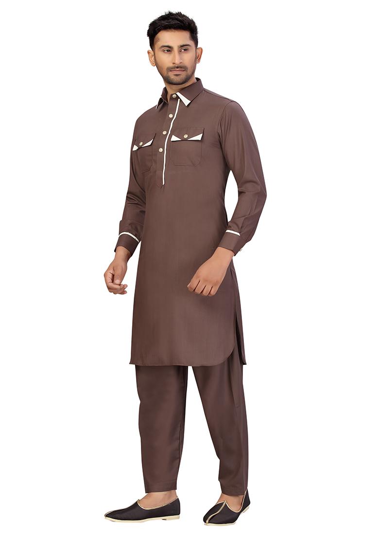 Brown Embroidered Cotton Kurta Set For Men