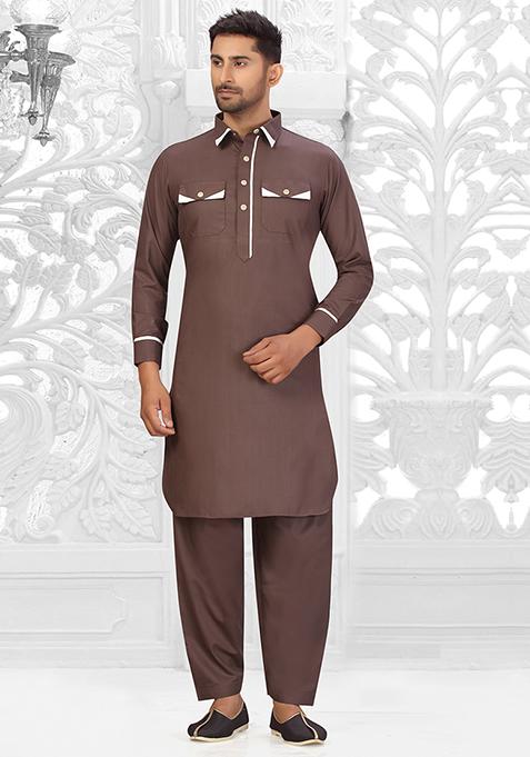 Brown Embroidered Cotton Kurta Set For Men