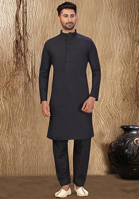 Black Solid Cotton Kurta Set For Men