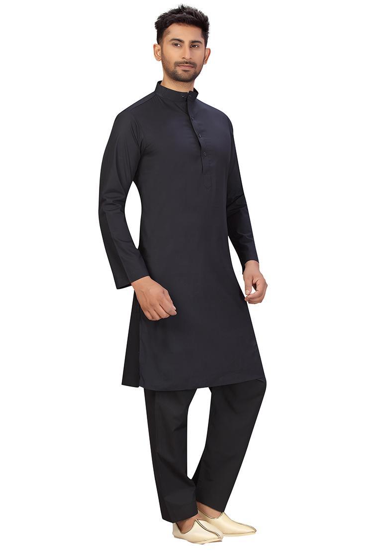 Black Solid Cotton Kurta Set For Men