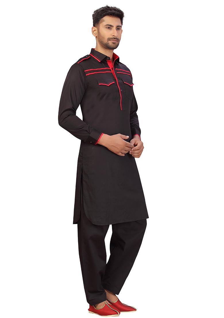 Black Embroidered Cotton Kurta Set For Men