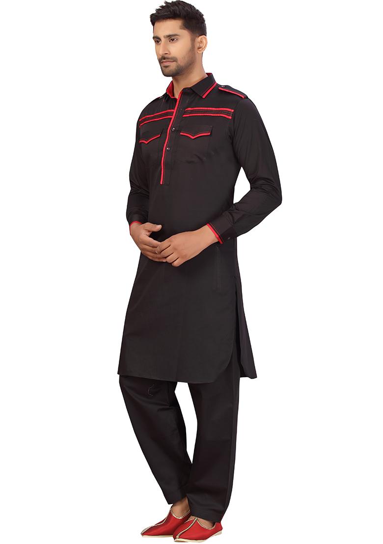 Black Embroidered Cotton Kurta Set For Men