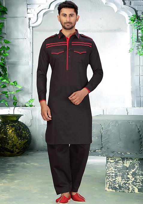 Black Embroidered Cotton Kurta Set For Men