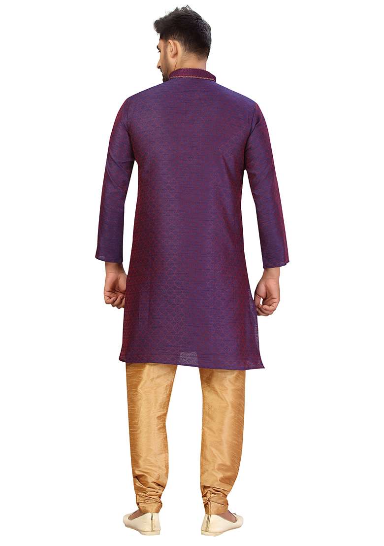 Purple Embroidered Jacquard Kurta Set For Men - Indya