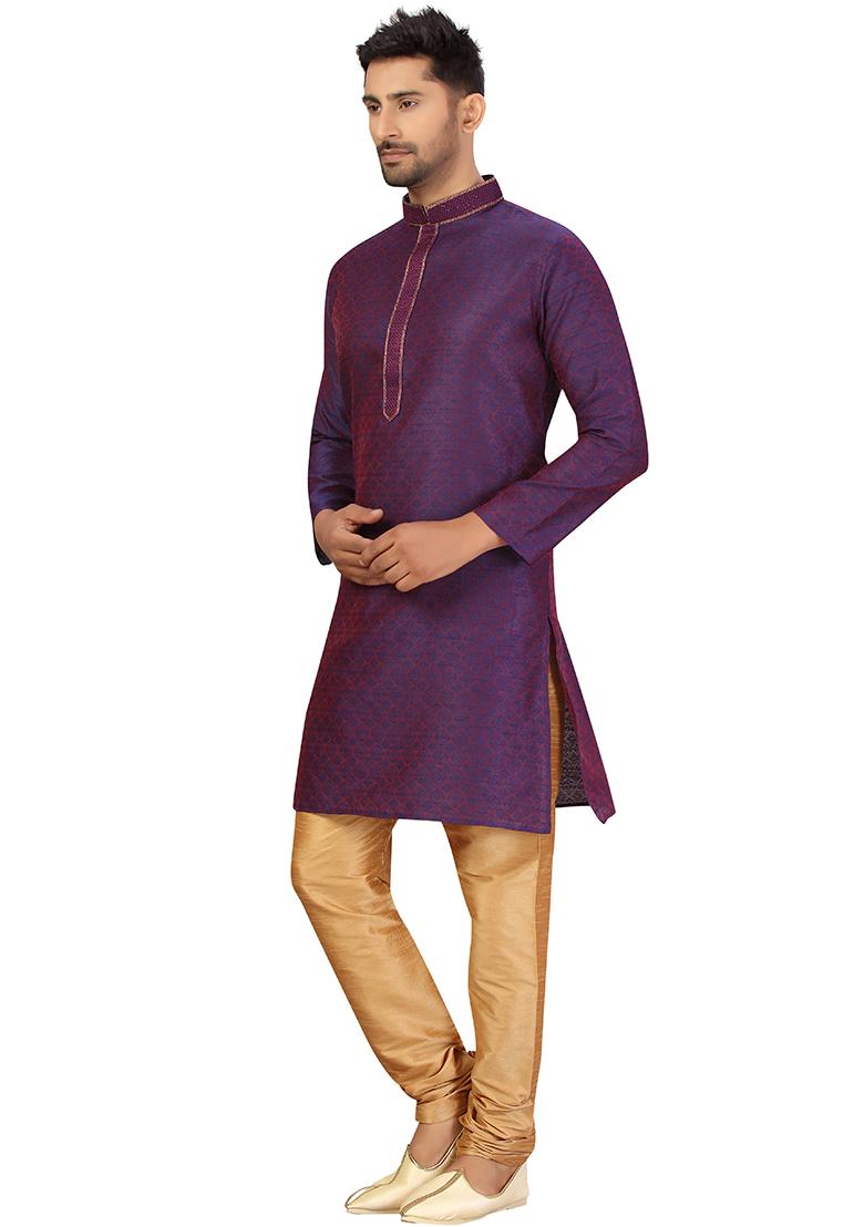 Purple Embroidered Jacquard Kurta Set For Men