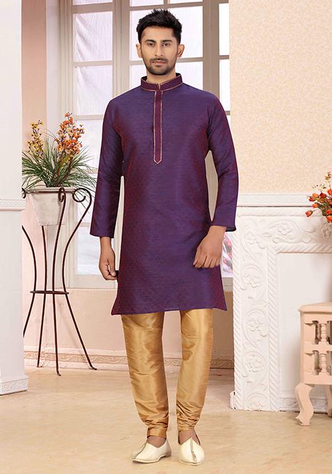 Purple Embroidered Jacquard Kurta Set For Men