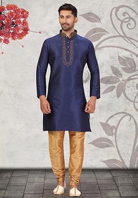 Navy Blue Embroidered Jacquard Kurta Set For Men
