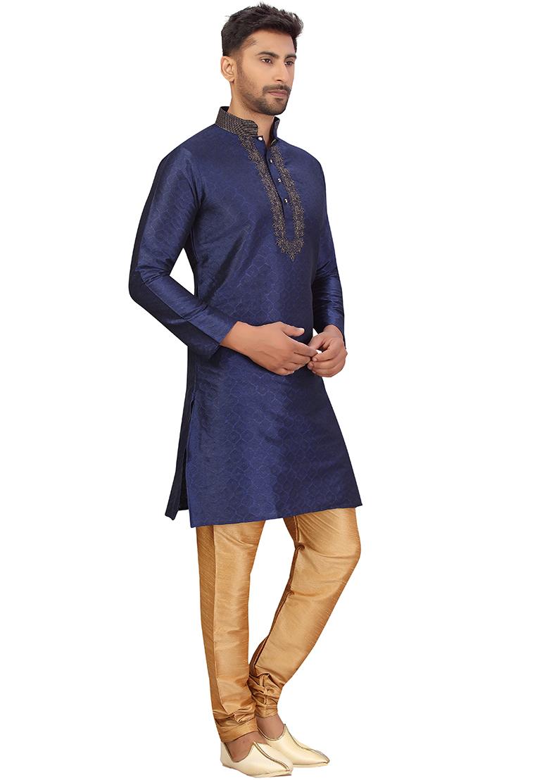 Navy Blue Embroidered Jacquard Kurta Set For Men