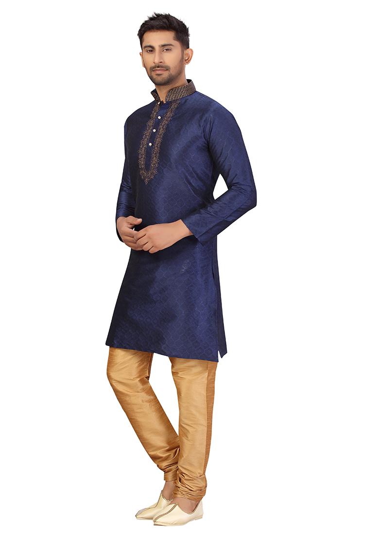 Navy Blue Embroidered Jacquard Kurta Set For Men