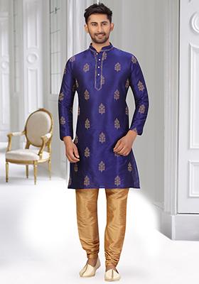 Navy Blue Embroidered Silk Kurta Set For Men