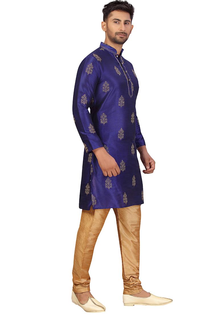 Navy Blue Embroidered Silk Kurta Set For Men