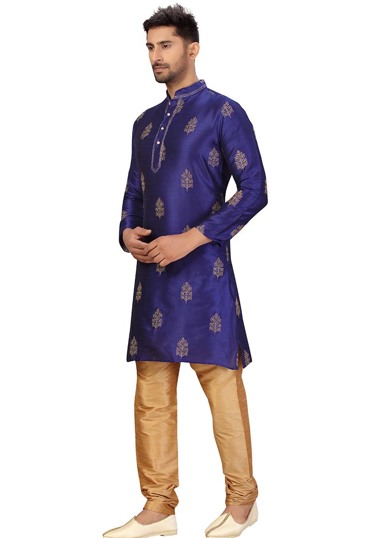 Navy Blue Embroidered Silk Kurta Set For Men