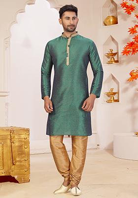 Green Embroidered Silk Kurta Set For Men