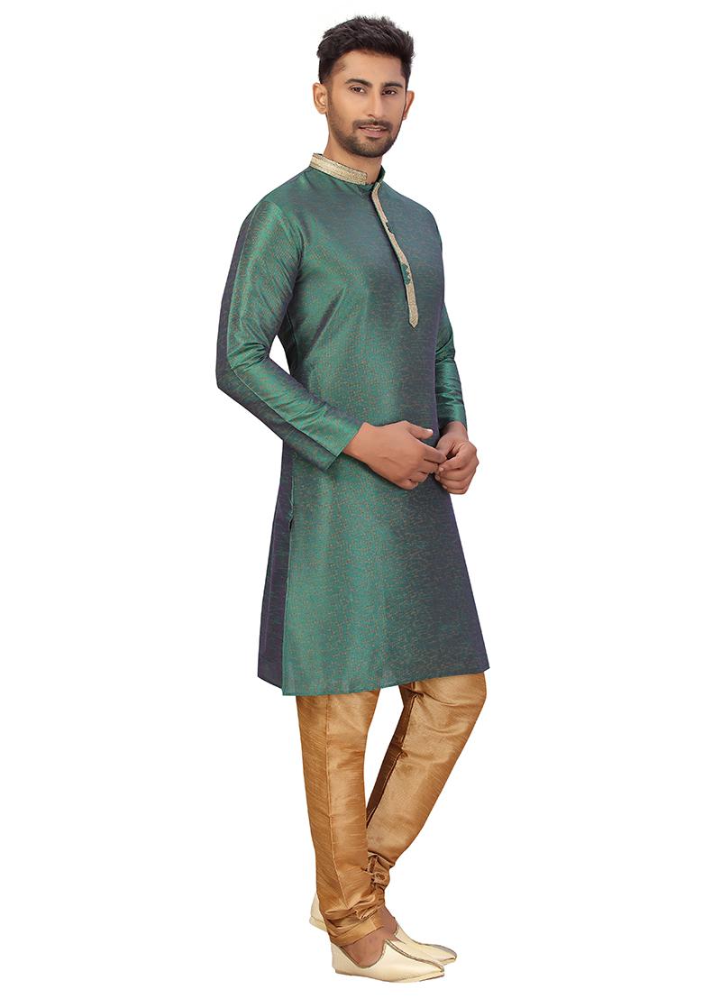 Green Embroidered Silk Kurta Set For Men