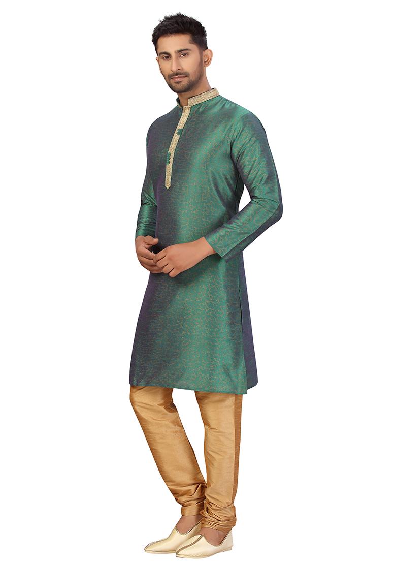 Green Embroidered Silk Kurta Set For Men