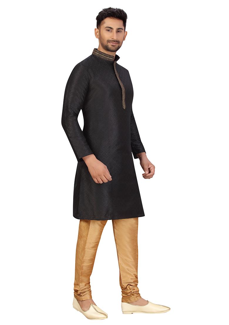 Black Embroidered Jacquard Kurta Set For Men
