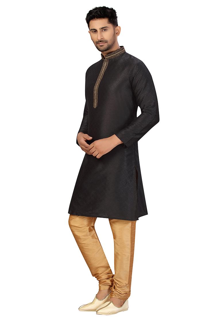 Black Embroidered Jacquard Kurta Set For Men