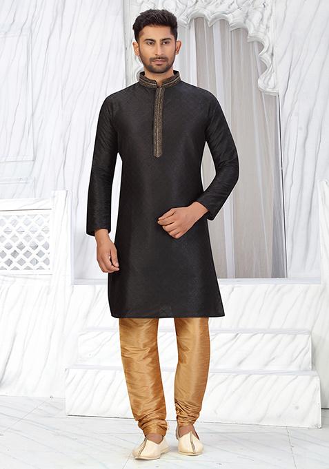 Black Embroidered Jacquard Kurta Set For Men
