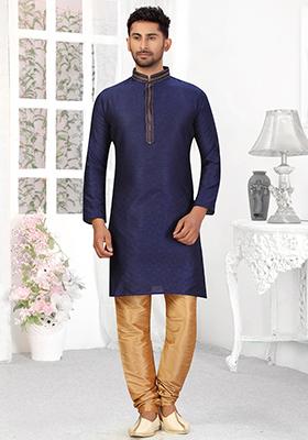 Navy Blue Embroidered Jacquard Kurta Set For Men