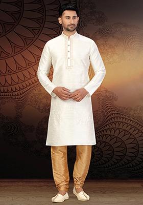 Cream Embroidered Silk Kurta Set For Men