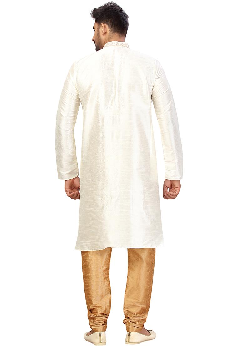 Cream Embroidered Silk Kurta Set For Men