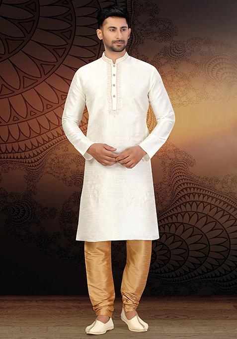 Cream Embroidered Silk Kurta Set For Men