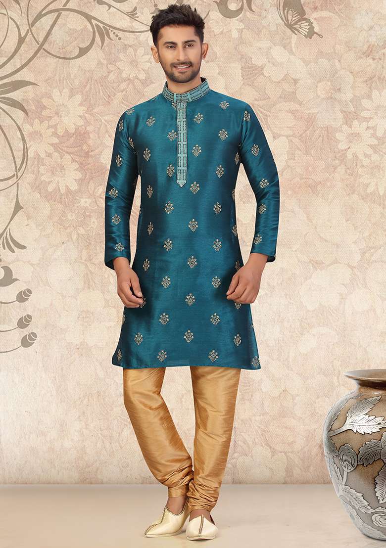 Rama Green Embroidered Silk Blend Kurta Set For Men - Indya