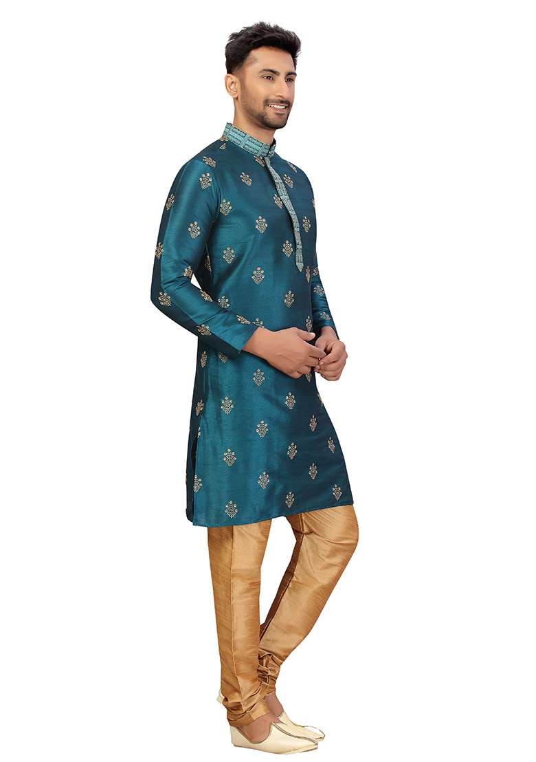 Rama Green Embroidered Silk Blend Kurta Set For Men - Indya
