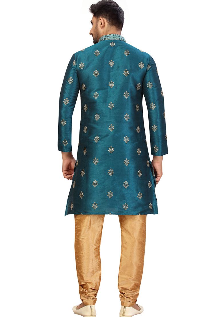 Rama Green Embroidered Silk Kurta Set For Men