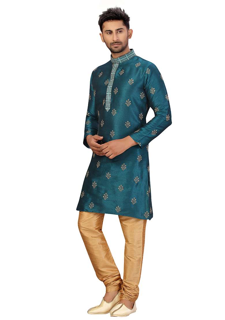 Rama Green Embroidered Silk Blend Kurta Set For Men - Indya