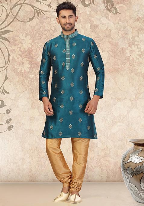 Rama Green Embroidered Silk Kurta Set For Men
