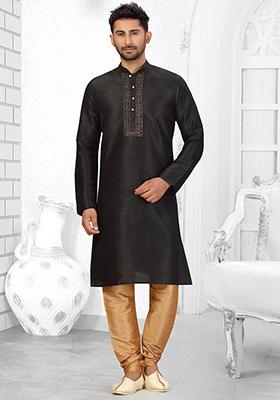 Black Embroidered Silk Kurta Set For Men