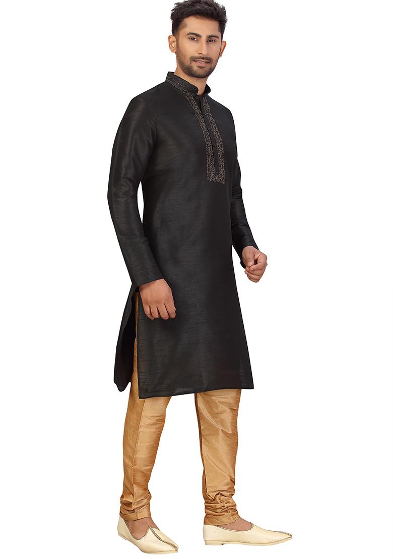 Black Embroidered Silk Kurta Set For Men