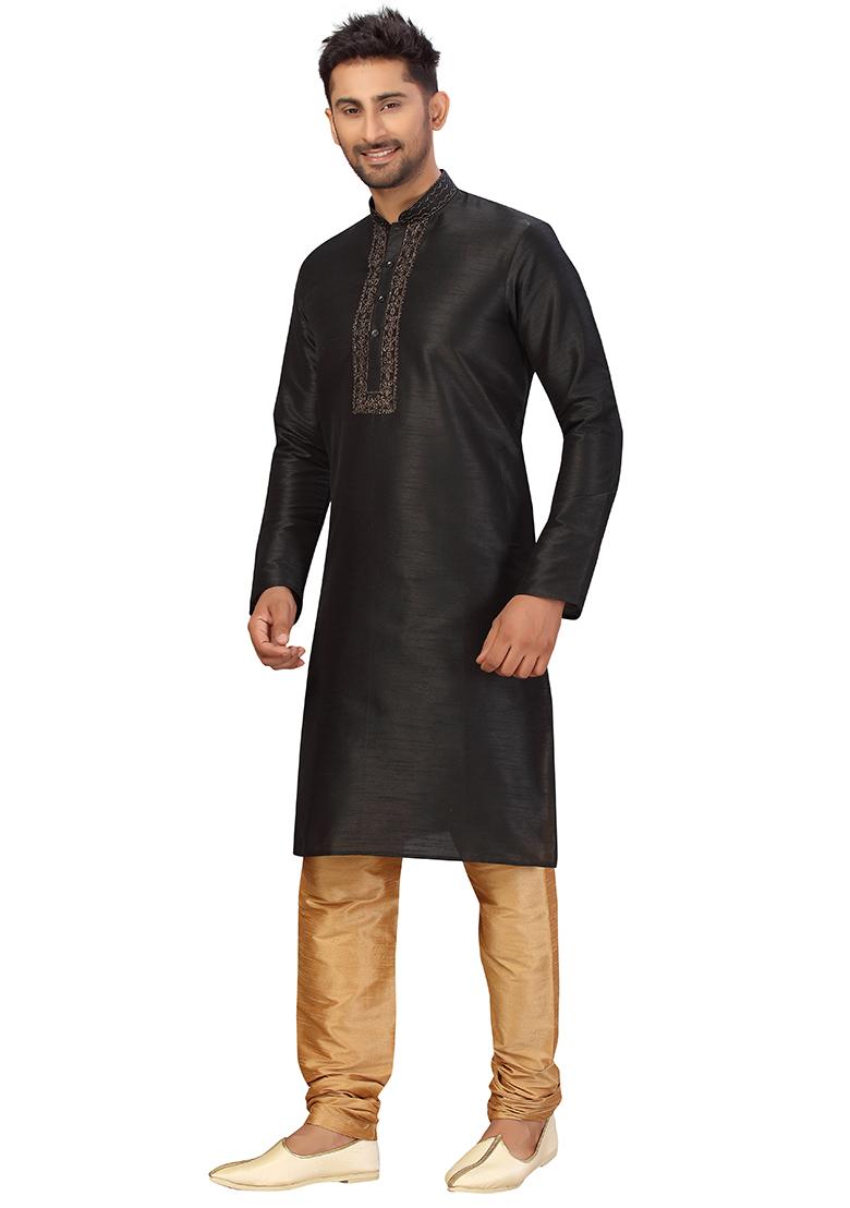 Black Embroidered Silk Kurta Set For Men