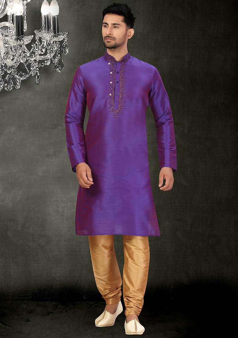Purple Embroidered Silk Blend Kurta Set For Men - Indya