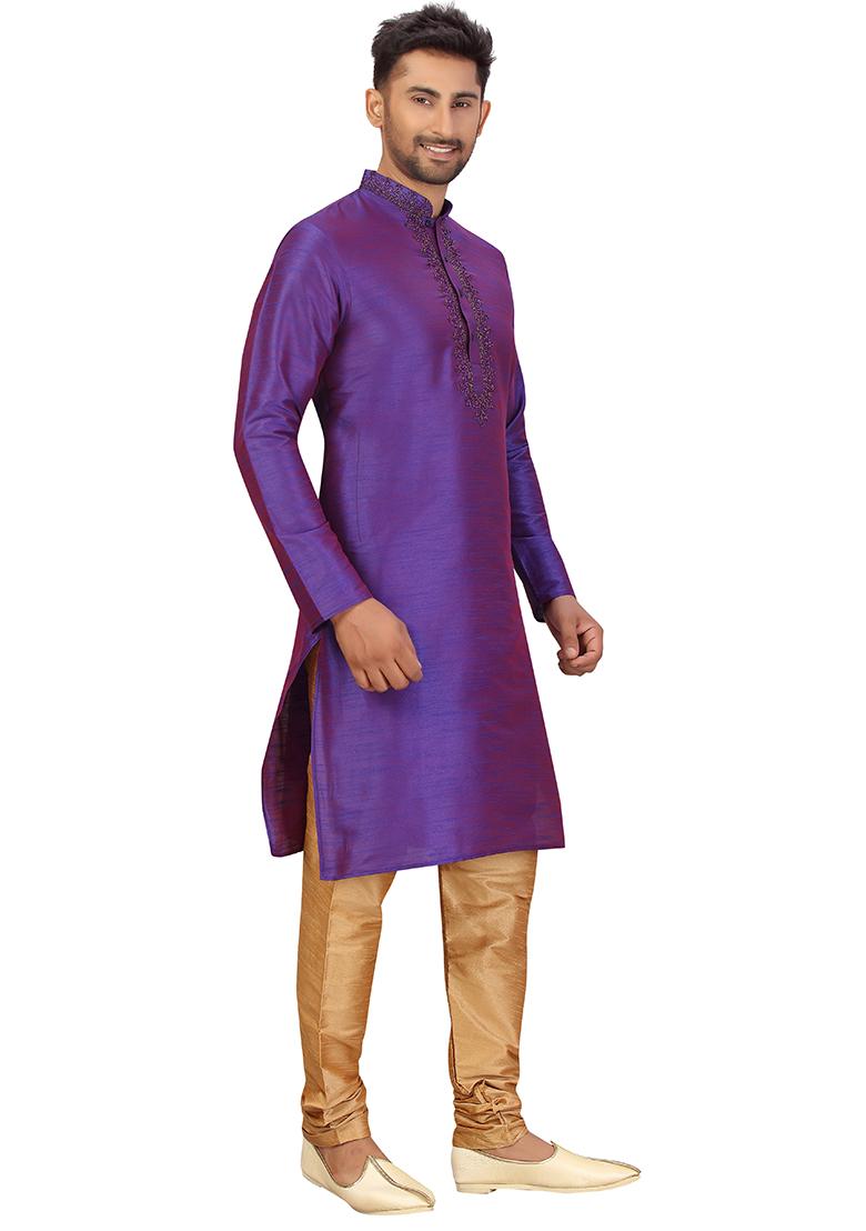 Purple Embroidered Silk Kurta Set For Men