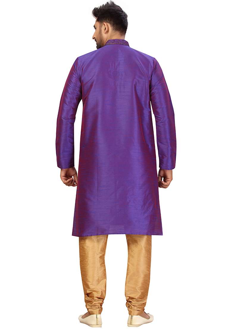 Purple Embroidered Silk Blend Kurta Set For Men - Indya