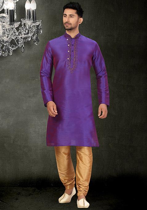 Purple Embroidered Silk Kurta Set For Men