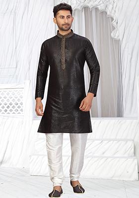 Black Embroidered Silk Kurta Set For Men