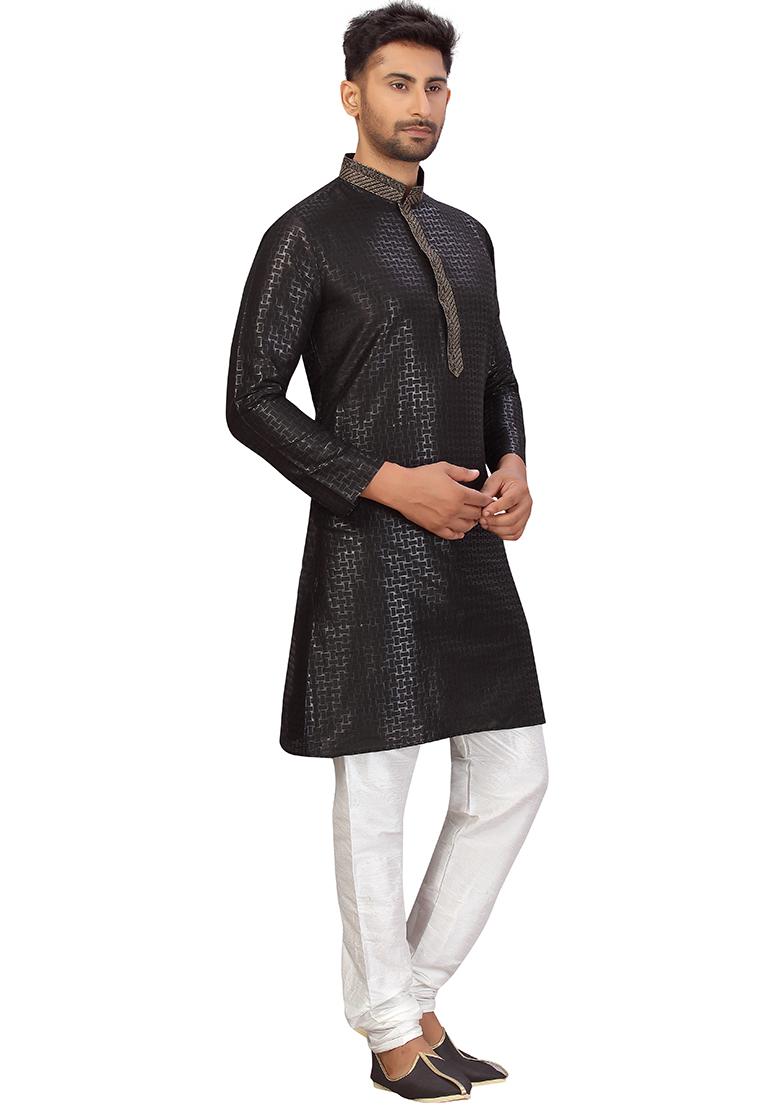 Black Embroidered Silk Kurta Set For Men
