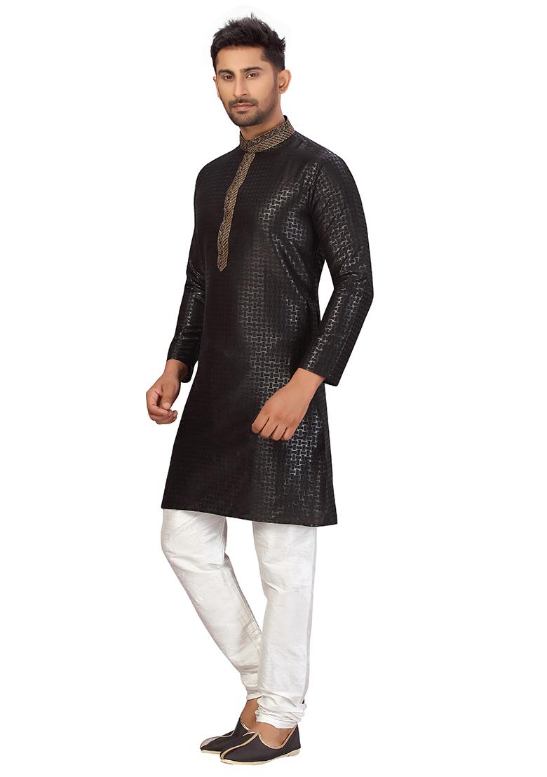 Black Embroidered Silk Kurta Set For Men