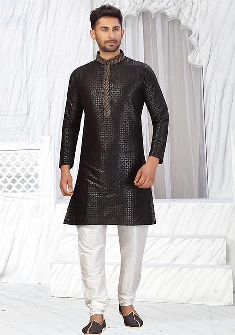 Black Embroidered Silk Kurta Set For Men