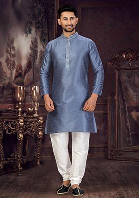 Bluish Grey Embroidered Silk Kurta Set For Men