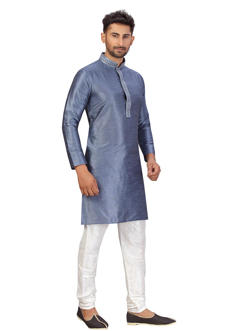 Bluish Grey Embroidered Silk Kurta Set For Men
