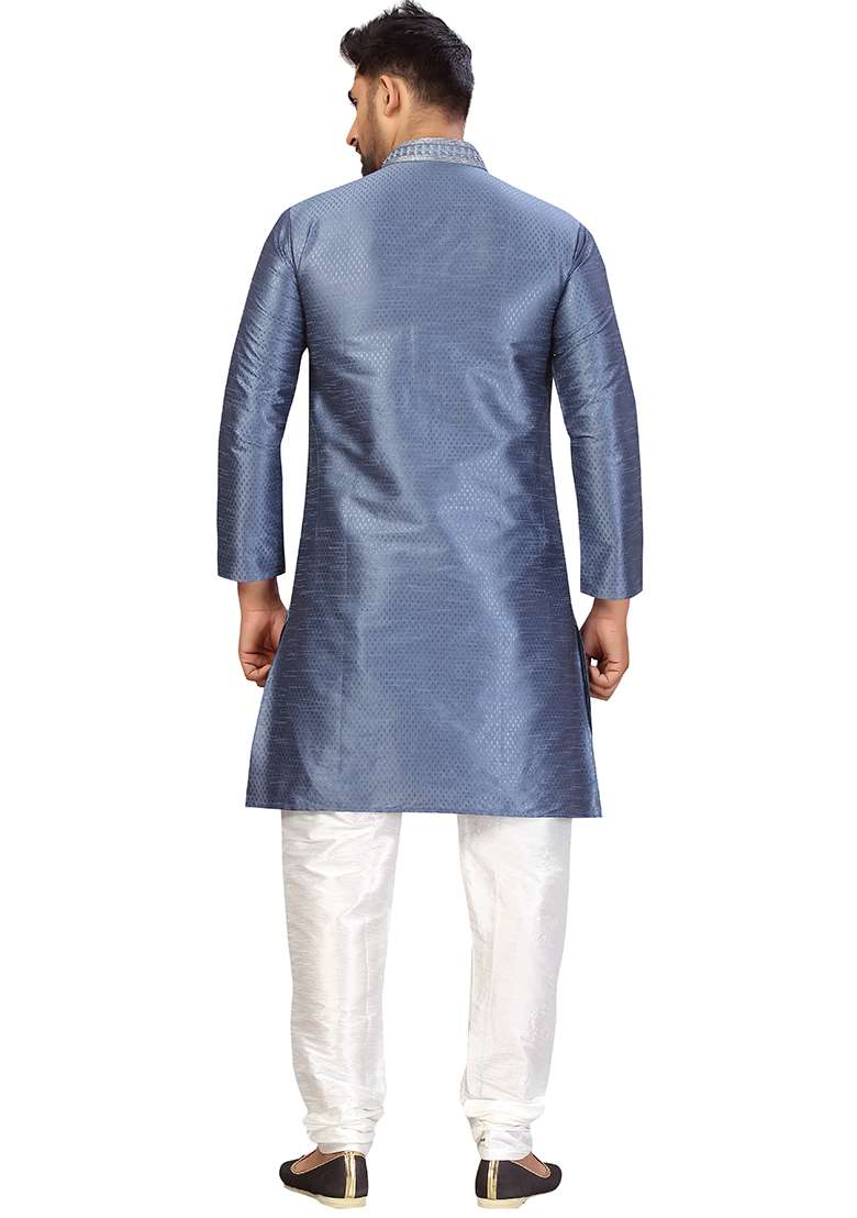 Bluish Grey Embroidered Silk Blend Kurta Set For Men - Indya
