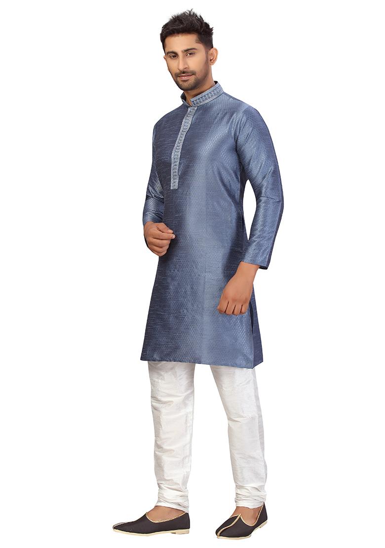 Bluish Grey Embroidered Silk Kurta Set For Men
